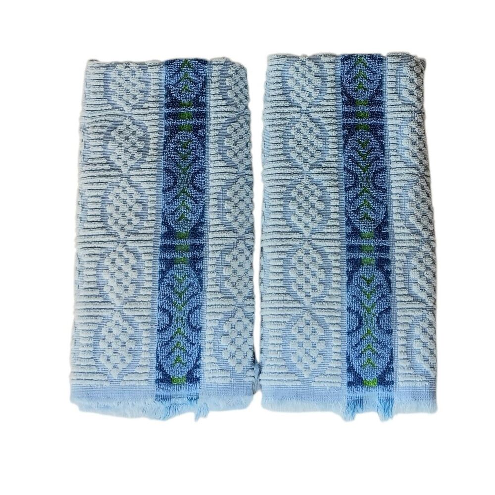 Vintage Springmaid Hand Towels Blue & Green Geometric Design & Fringe Set Of Two